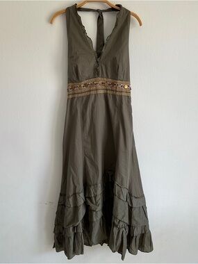 Vintage Y2K Fairy Dress Maxi Layered Ruffle Grunge Embroidered Green Sequin Gold